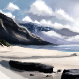 a beach with mountains in background, digital art, greg rutkowski