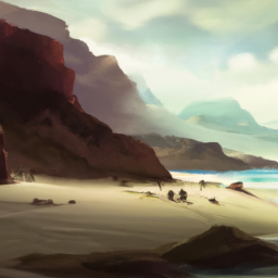 a beach with mountains in background, digital art, greg rutkowski
